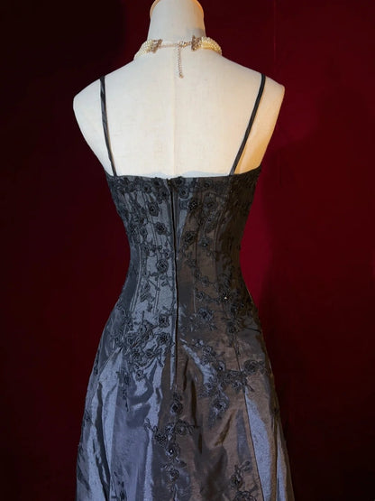 Modest Prom Dresses Inspo A line Spaghetti Strap Black Satin With Appliqued For Women Formal Dress N3214
