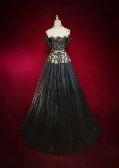 Retro Gown Prom Vintage Dresses Mermaid Spaghetti Strap Black Lace With Train Long 90s Formal Outfits N2325