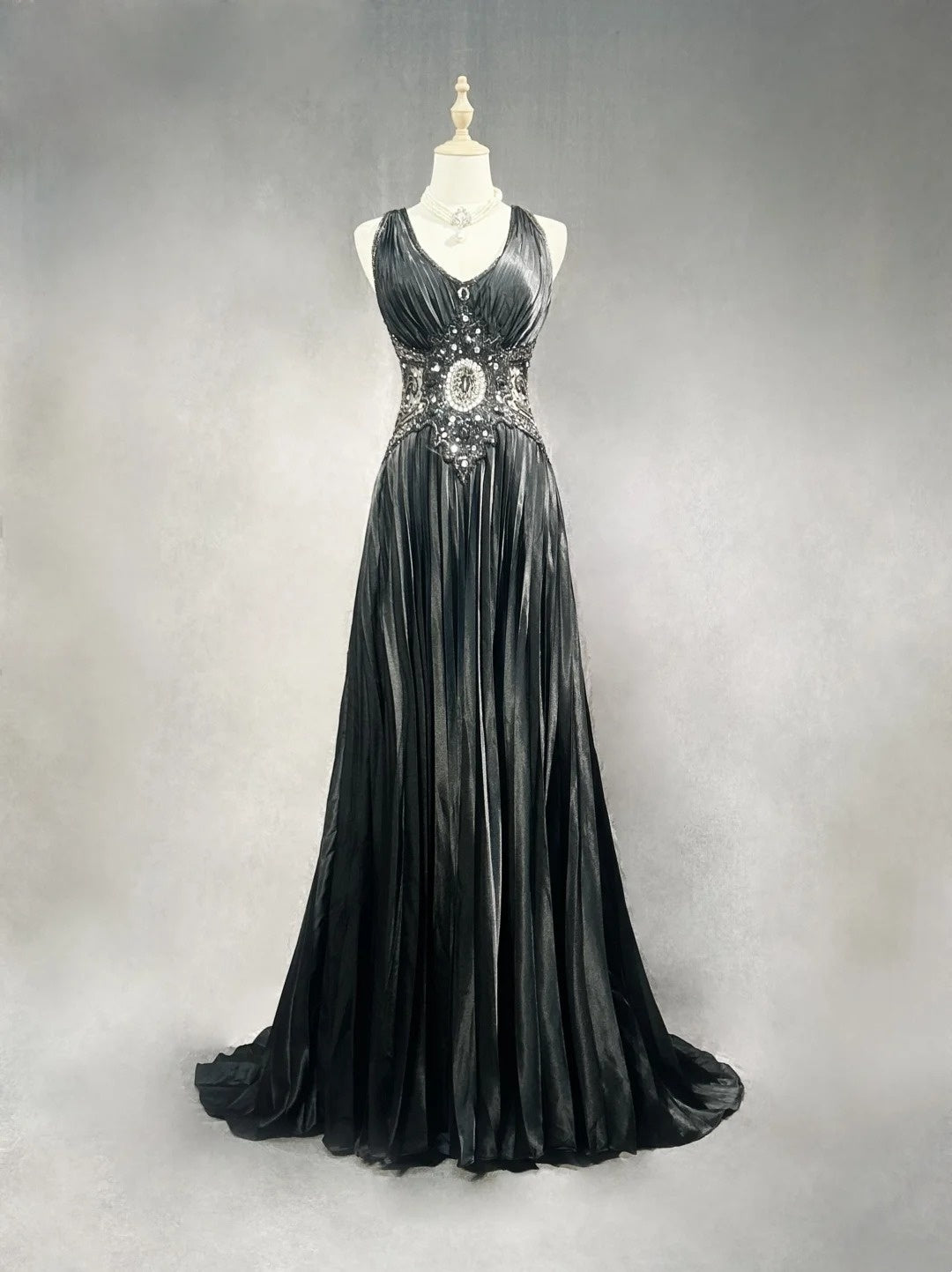 Vintage Prom Dresses A line V Neck Black Tie Dress Beaded 90s Long Formal Evening Gown N2652