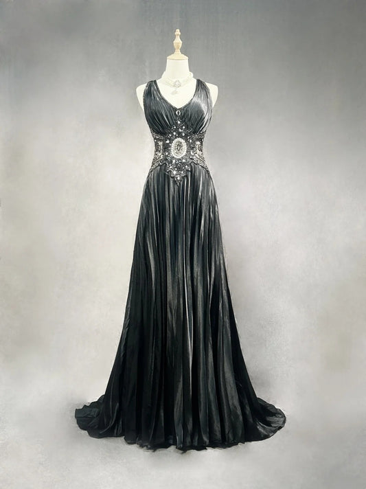Vintage Prom Dresses A line V Neck Black Tie Dress Beaded 90s Long Formal Evening Gown N2652