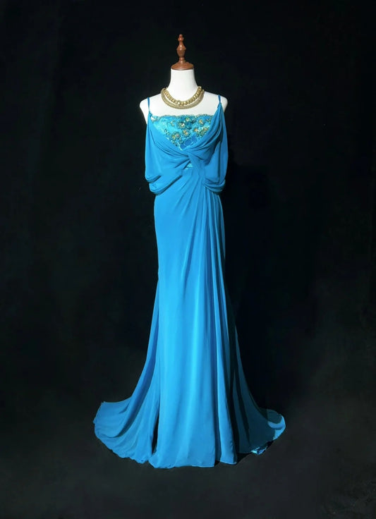 Gothic Glam Prom Dresses Mermaid Spaghetti Strap Blue Chiffon Sleeveless With Beaded Semi Formal Evening Dress N3819