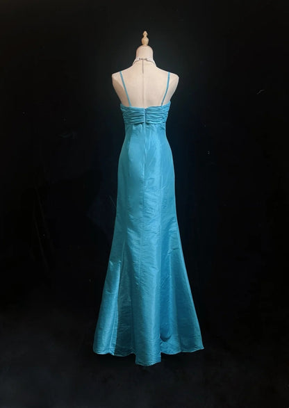 Vintage Prom Dresses Mermaid Spaghetti Straps Blue Taffeta 2000s Party Evening Formal Gown RC1138
