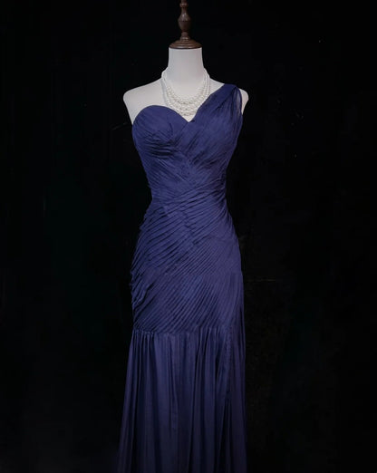 Dreamy 90s Prom Dresses Mermaid One Shoulder Navy Blue With Pleated Formal Evening Outfits N3836