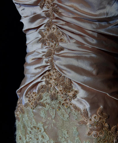 Glamour Prom Dresses Mermaid Strapless Blush Pink Satin Gold Lace With Beading Formal Evening Outfits N3835