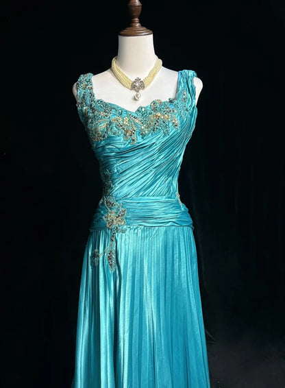 Vintage Prom Aesthetic Dresses A line Blue Satin With Beading Appliqued Long Formal Dress N3024