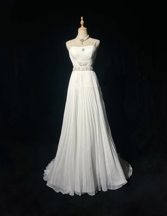 Vintage 90s Wedding Dresses A Line Spaghetti Strap White Plain Summer Garden Long Bridal Gown N3721