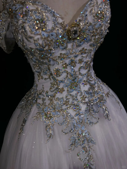Princess Lace Straps White Appliques Sweet 16 Dress Ball Gown Formal Party Outfits Sweet Sixteen Dress RC0088