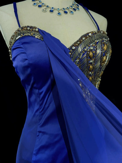 Vintage Prom Dresses Mermaid Spaghetti Strap Royal Blue 70s With Beading Long Formal Party Dress N2516