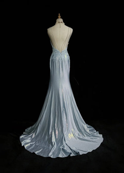 Modest Prom Dresses Mermaid Spaghetti Strap Light Sky Blue With Applique Formal Outfits N3690