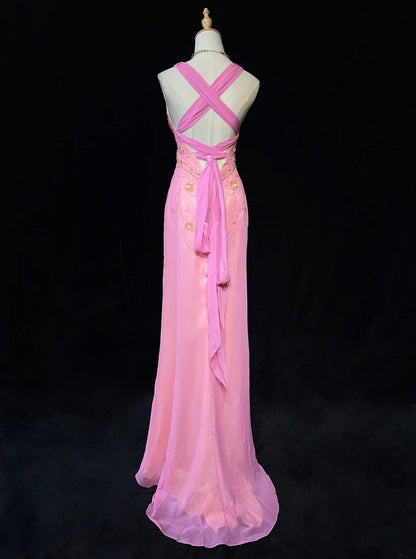 Modest Prom Dresses Inspo Mermaid V Neck Pink Chiffon With Ruffled Beading For Women Formal Dress N3231