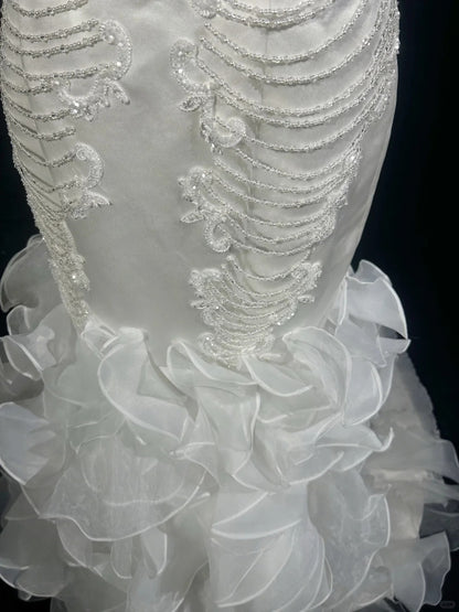 Vintage 90s Wedding Dresses Mermaid V Neck Tiered Layers White Beading Summer Garden Long Bridal Gown N3826