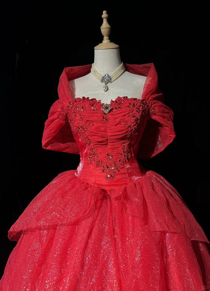Princess Lace Strapless Red Sweet 16 Dress Ball Gown Formal Party Outfits Sweet Sixteen Dress RC0081