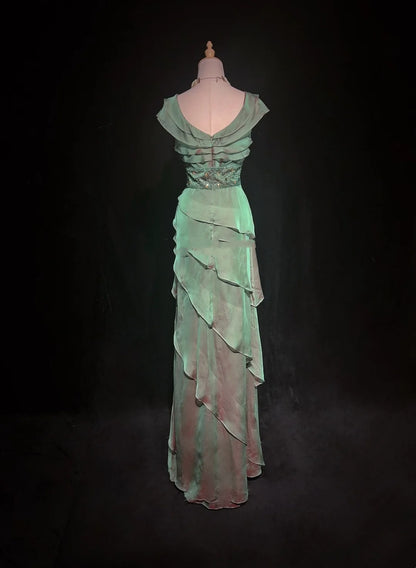 Classy Prom Dresses A line V Neck Green Tiered Layers Chiffon With Ruffle Long Formal Dress N2897