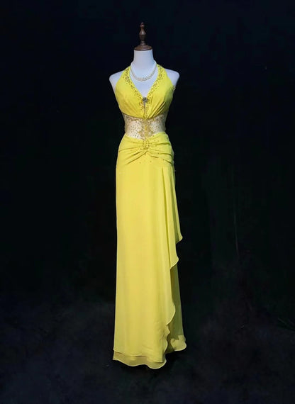 Vintage Prom Dresses A Line Halter V Neck Yellow Chiffon Backless 1990s Long Formal Evening Gown N2640