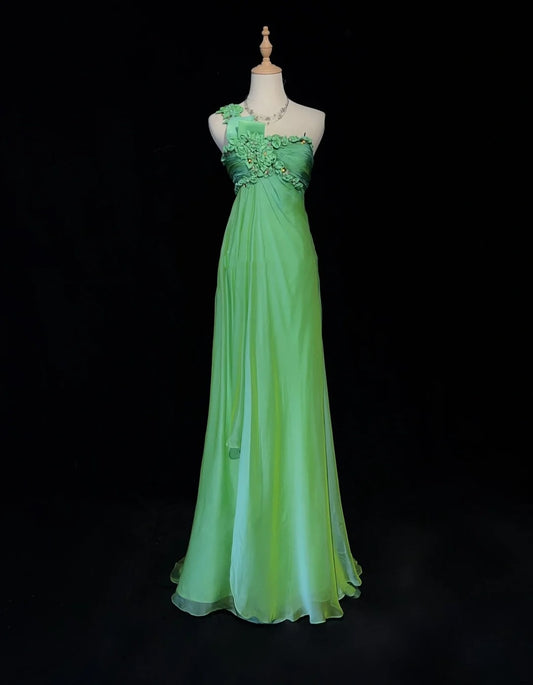 Exquisite Prom Dresses A Line One Shoulder Green Chiffon With Flowers Long Formal Dress N2889