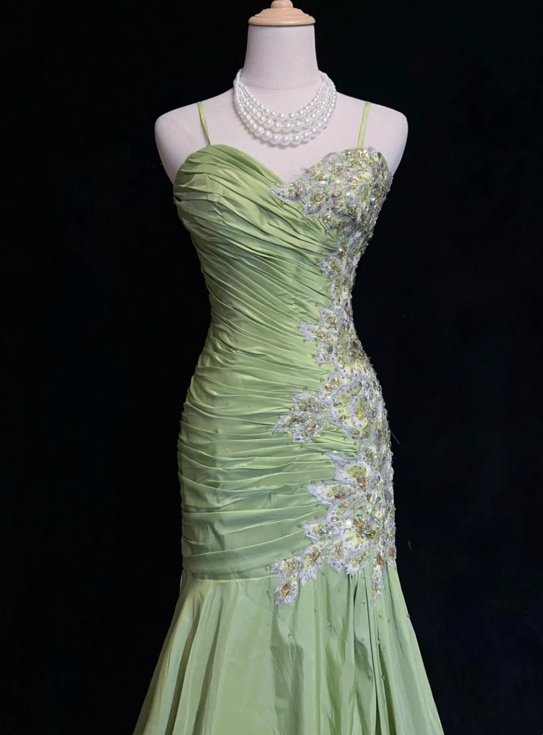 Vintage Prom Dresses Mermaid Spaghetti Strap Sage Green With Appliques 80s Long Formal Gown N2728