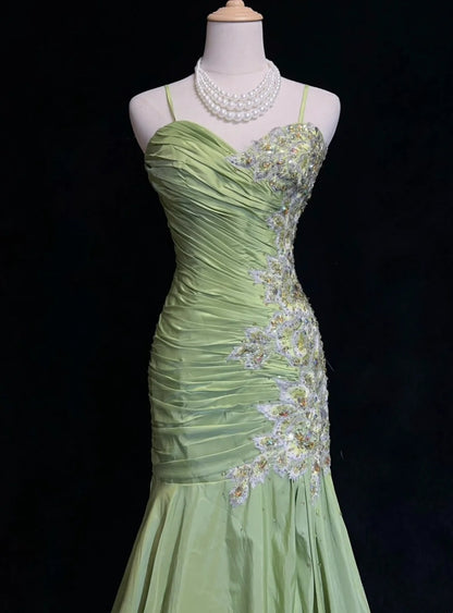 Vintage Prom Dresses Mermaid Spaghetti Strap Sage Green With Appliques 80s Long Formal Gown N2728