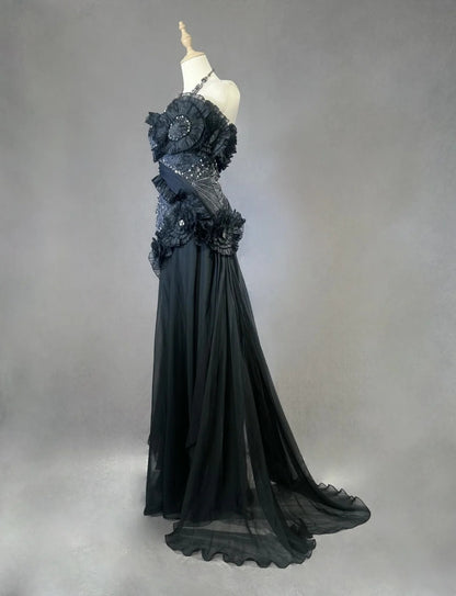 Vintage Prom Dresses Mermaid Sweetheart Black Tie Dress Chiffon With Beading 1980s Long Formal Gown N2621