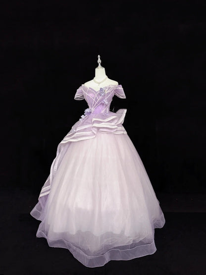 Lilac Prom Dress Long Floor Length Ball Gown Off Shoulder Tulle With Sleeves Formal Evening Gown For Women RC0279