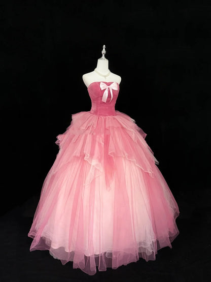 Cute Sweet 16 Dresses Long Ball Gown Strapless Pink Tulle Formal Sweet Sixteen Birthday Gown RC0252