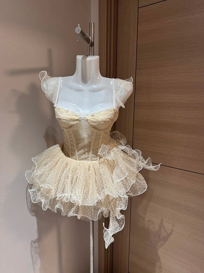Cute Ball Gown Sweetheart Tulle Champagne Night In Rio Polka Dots Inspo Hoco Dress Ideas Homecoming Dresses RB4030