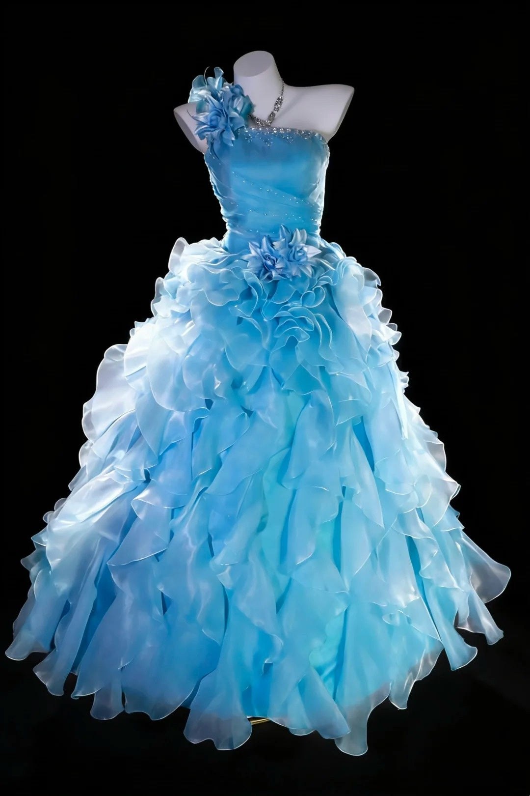 Fairy Ball Gown One Shoulder Ice Blue Tiered Layers Organza Quince Prom Dresses Quinceanera Dress N2965
