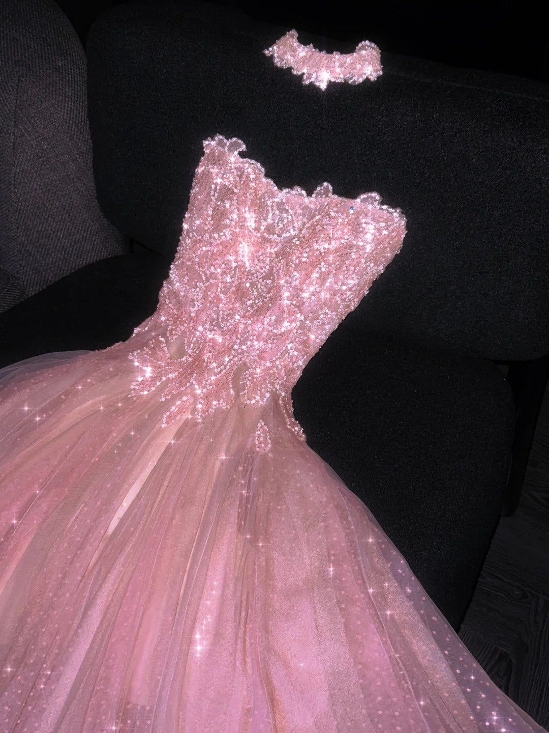 Glittery Ball Gown Strapless Pink Polka Dots Long Formal Evening Dress Formal 18th Birthday Gowns Prom Dresses N735