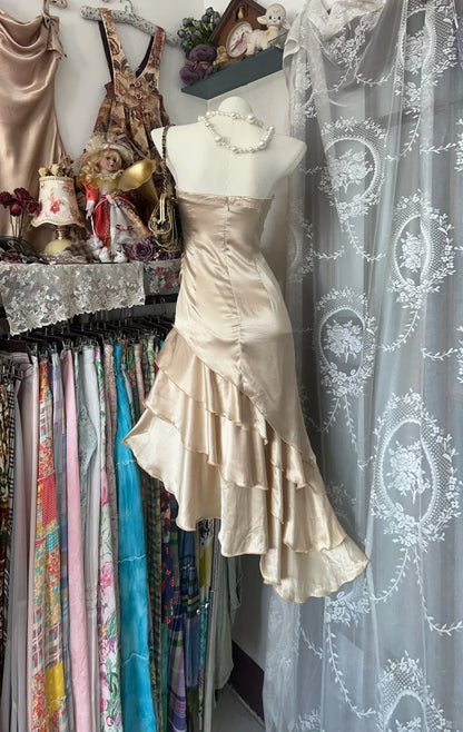 Vintage Mermaid Strapless Champagne Satin Mid Length Graduation Birthday Outfits Homecoming Dresses N3740