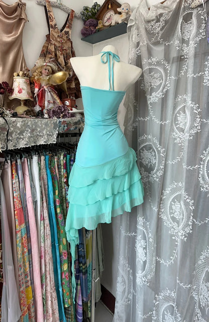 Vintage Sheath Halter Blue Chiffon Hoco Gowns Short Birthday Dress Homecoming Dresses N1342