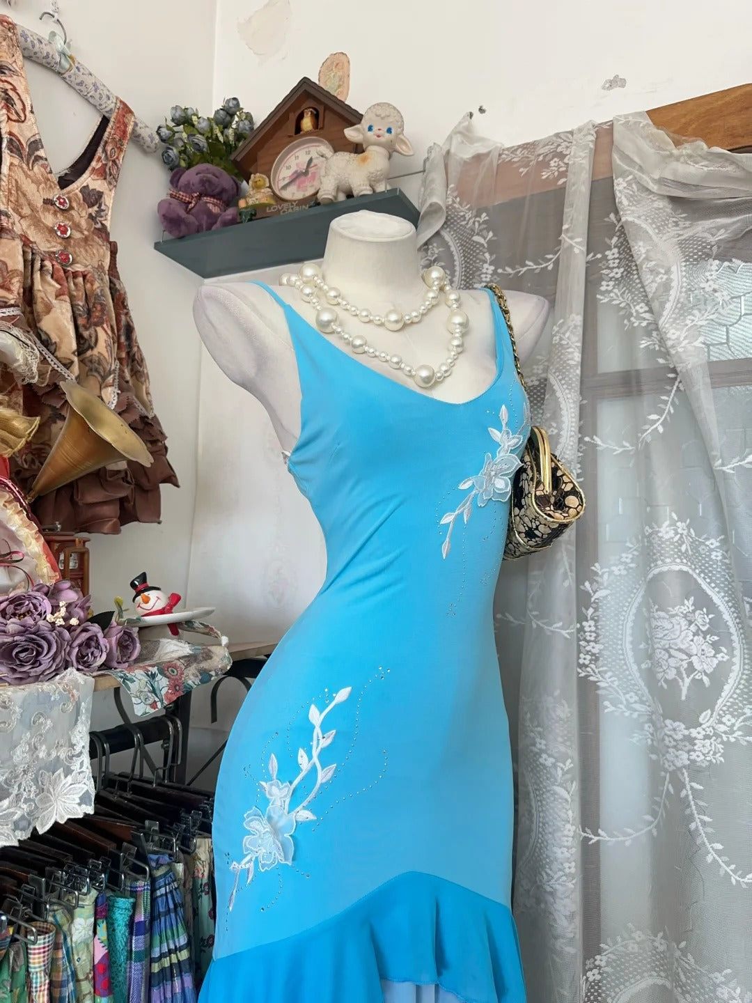 Vintage Prom Dresses Aesthetic Mermaid Spaghetti Straps Blue High Low Inspo Formal Party Gowns N1976