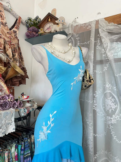Vintage Prom Dresses Aesthetic Mermaid Spaghetti Straps Blue High Low Inspo Formal Party Gowns N1976