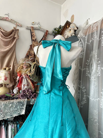 Vintage Ball Gown Halter Blue Satin Mid Length Prom Dresses Party Dress Birthday Outfits Graduation Gown N2840
