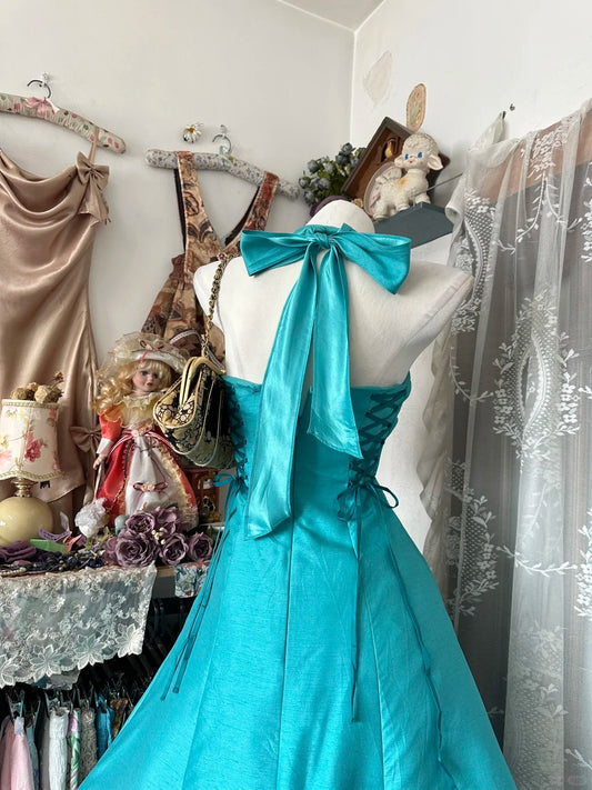 Vintage Ball Gown Halter Blue Satin Mid Length Prom Dresses Party Dress Birthday Outfits Graduation Gown N2840