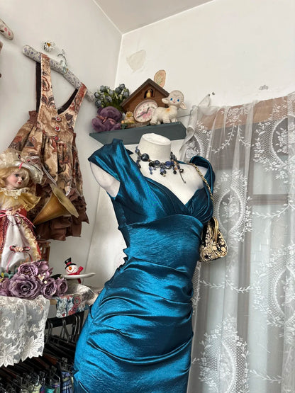 Dress for Women Summer New Vintage Retro Style Sheath Blue Satin Homecoming Dresses N2260