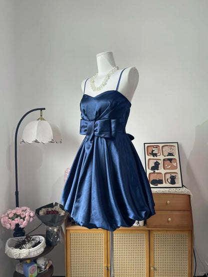 Vintage Ball Gown Spaghetti Strap Navy Blue Satin 16th Birthday Homecoming Dress Graduation Outfit RB6791