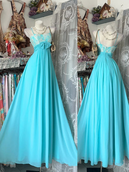 Vintage 80s Prom Dresses A line Spaghetti Straps Blue Chiffon Long 1950s Retro Classy Party Formal Outfits RB8997
