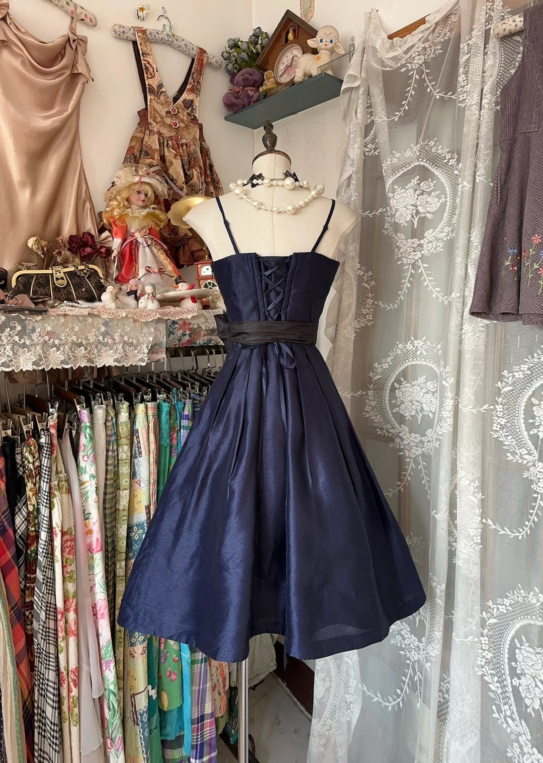 Simple A line Spaghetti Strap Navy Blue Satin Short Graduation Birthday Gown Homecoming Dresses N3721