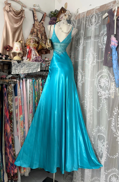 Classy Prom Dresses Mermaid Halter Blue With Beading Satin Long Formal Evening Outfits N3761
