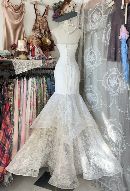 Retro 1950s Mermaid Sweetheart White Lace Long Formal Evening Dress Formal 18th Birthday Gowns Prom Dresses N742