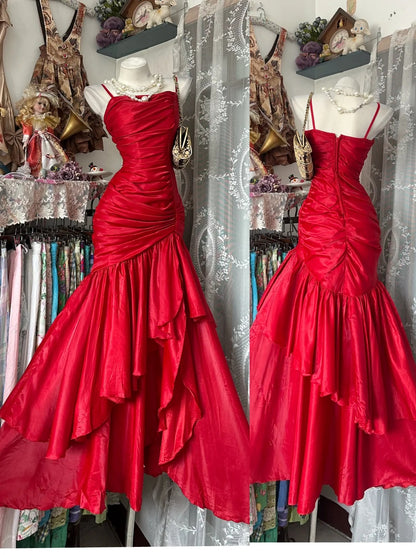Modest Mermaid Spaghetti Straps Red Sleeveless With Ruffled Prom Dresses Formal Outfits RB3942