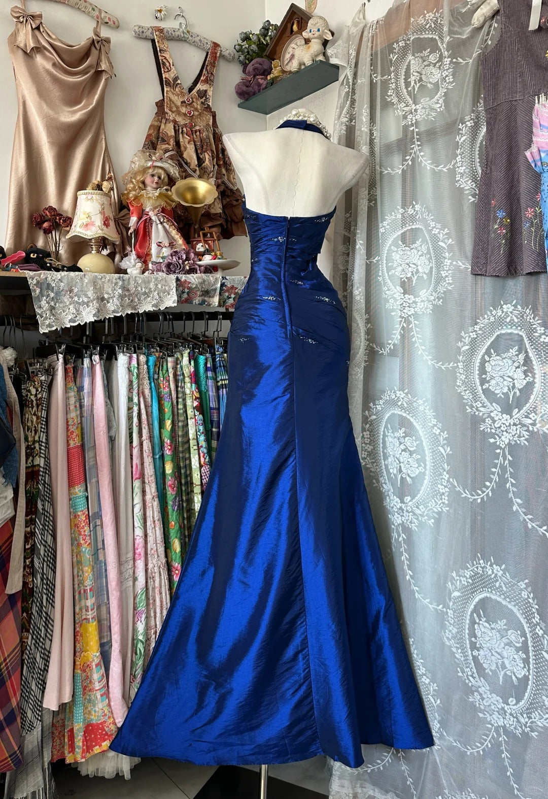 Vintage 2000s Mermaid Halter Royal Blue With Silver Beaded Sleeveless Long Prom Dress For Women Girls Evening Dresses N659