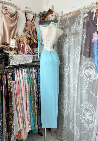 Vintage Prom Dresses Aesthetic 1960s Retro Mermaid Halter Light Sky Blue Backless Long Formal Dress N2255