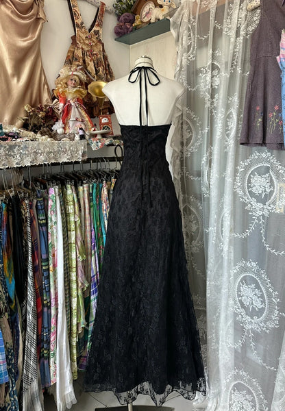 Classy Prom Dresses Mermaid Halter Black Sleeveless Lace Long Formal Evening Outfits N3747