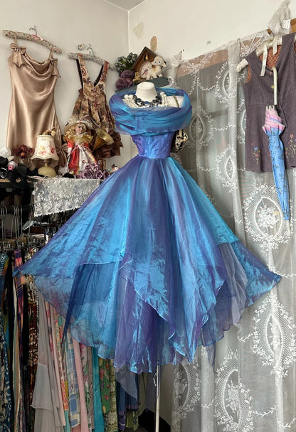 Classy Prom Dresses Ball Gown Sweetheart Blue Organza Tea Length Long Formal Evening Outfits N3769