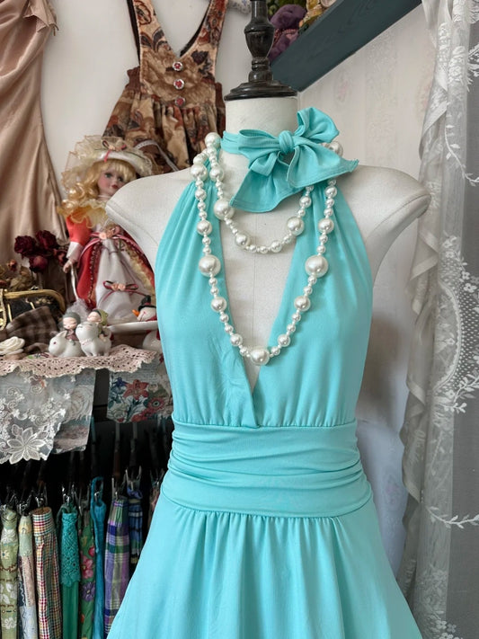 Vintage High Low Halter Blue Chiffon Hoco Gowns Short Birthday Dress Homecoming Dresses N1341