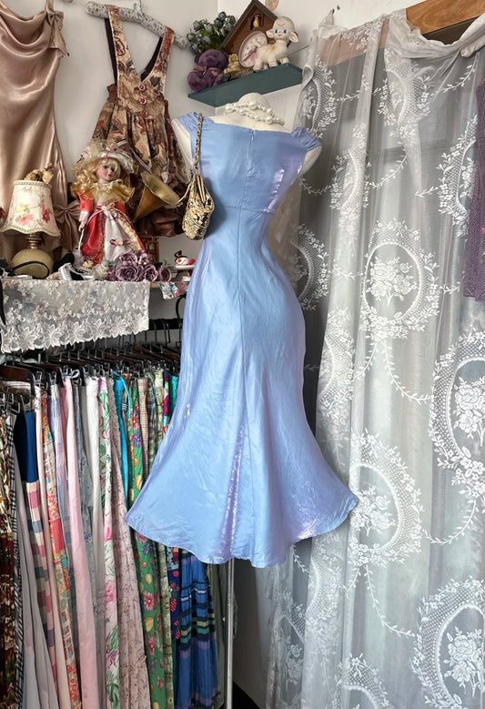 Vintage Mermaid Blue Lilac Satin Sleeveless Summer Formal For Women Girls Teens Prom Dresses N2249