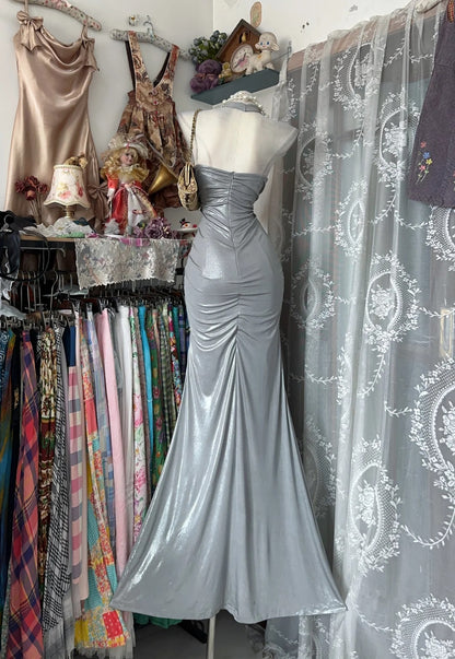 Modest Mermaid Halter Grey Sleeveless Long High School Graduation Prom Dresses Formal Outfits RB3947