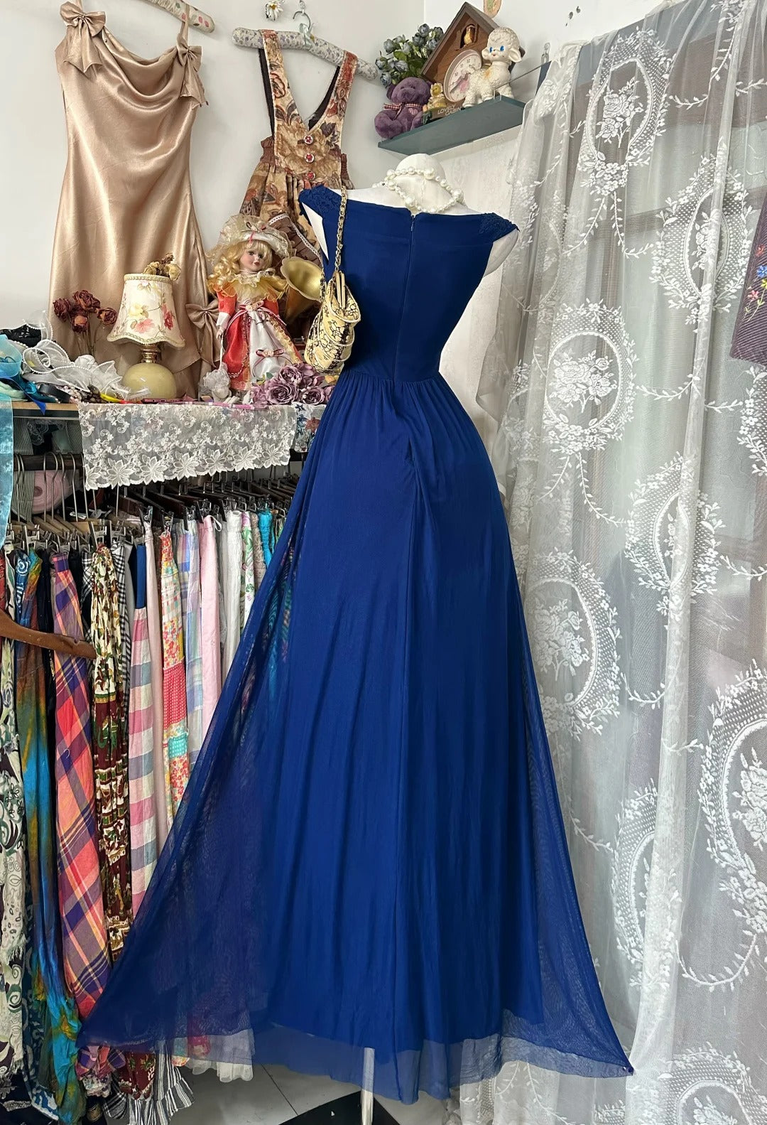 Vintage Prom Dresses A line Off The Shoulder Royal Blue With Ruffled 1950s Retro Classy Party Formal Outfits RB8983