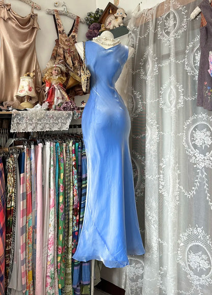 Vintage Prom Dresses 80s Mermaid Cowl Neck Blue Chiffon Evening Outfits N3476