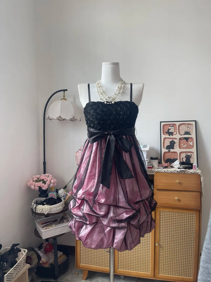 Vintage Ball Gown Spaghetti Strap Pink Satin Black Tulle 16th Birthday Homecoming Dress Graduation Outfit RB6790